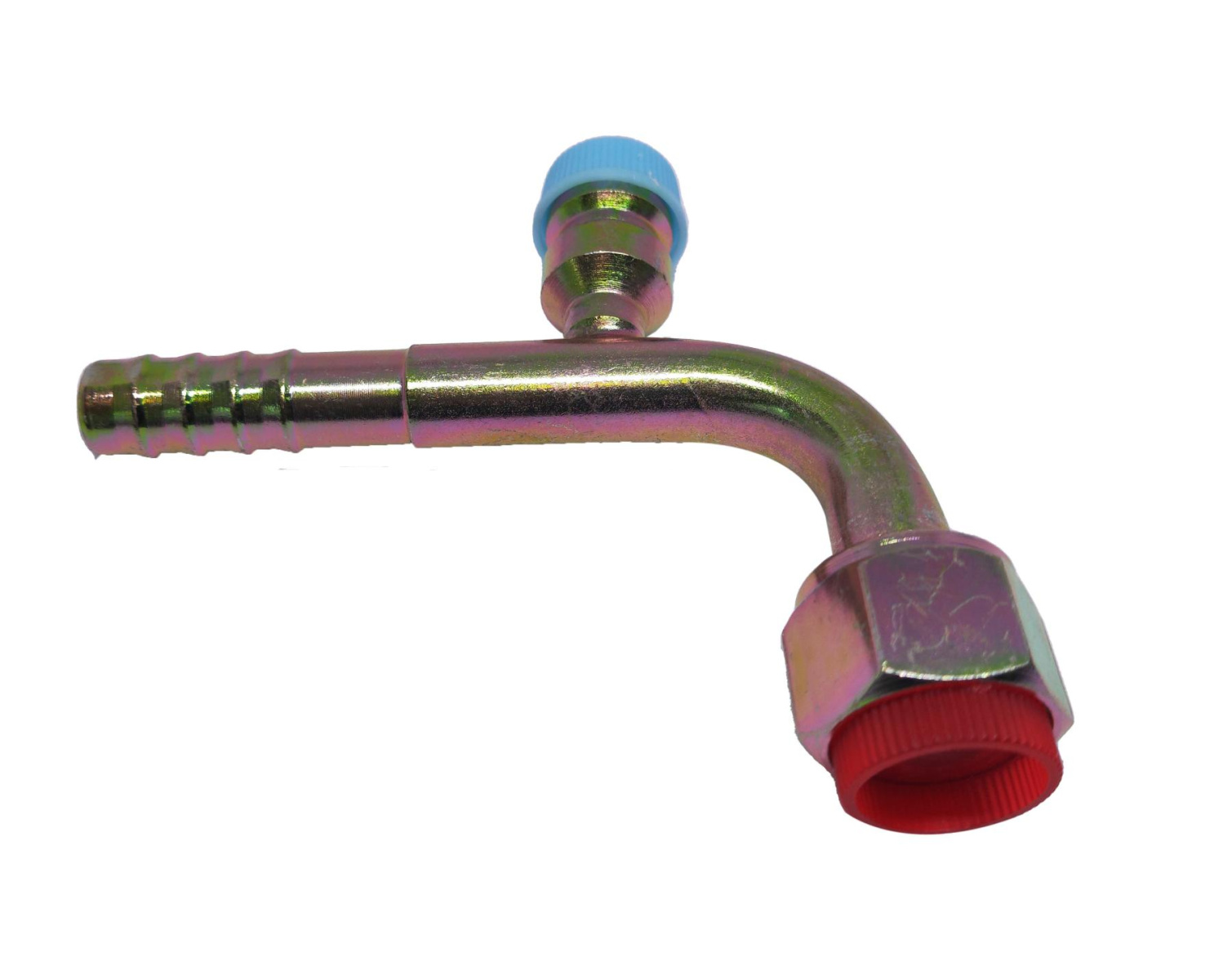 Фитинг стальной 10 мм, G6, 90 градусов, с гайкой и заправочным портом R134A