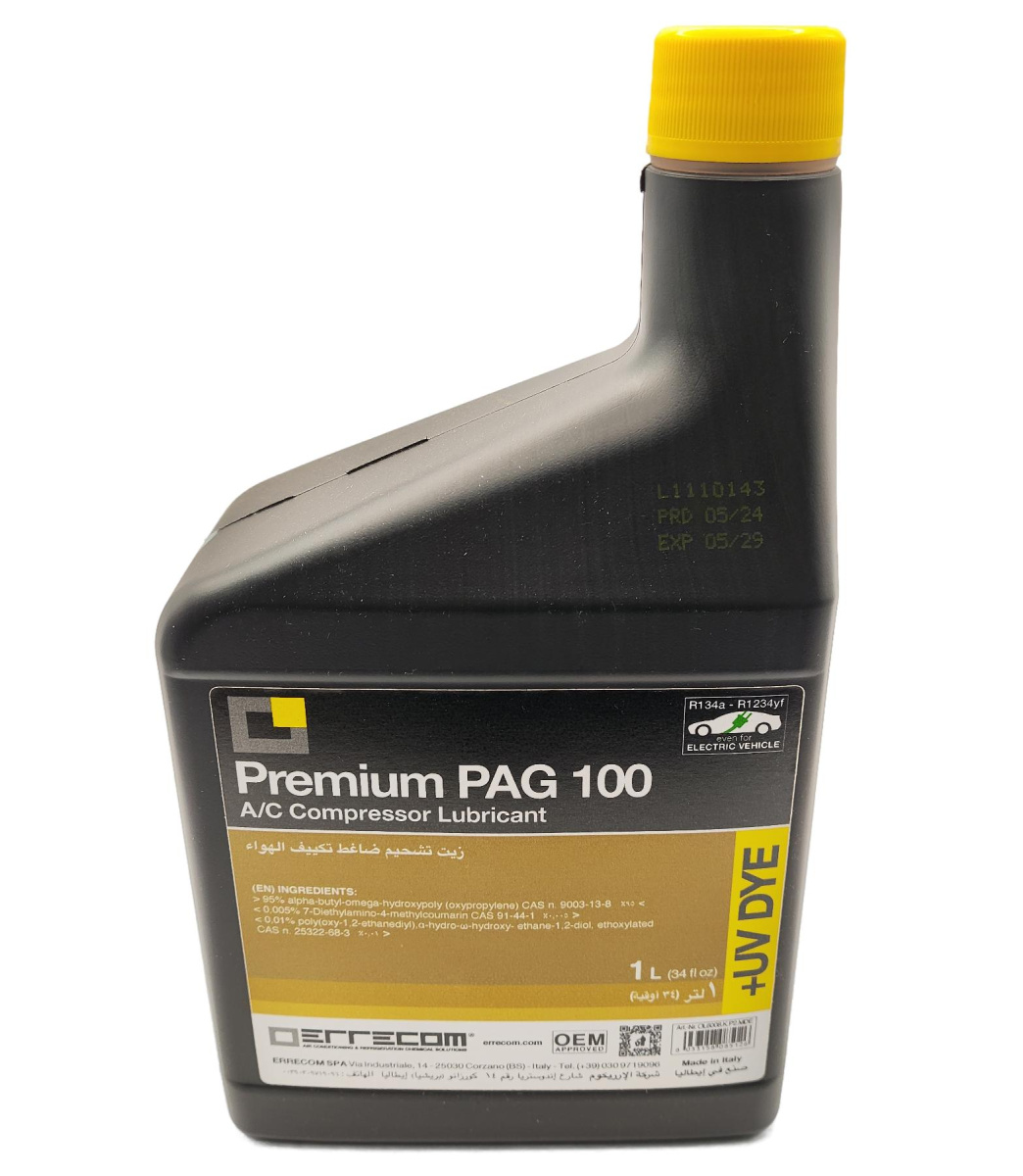 Масло компрессорное Errecom Premium PAG 100 с ультрафиолетовой добавкой, для фреона 134a, 1234yf; 1 литр, диэлектрик