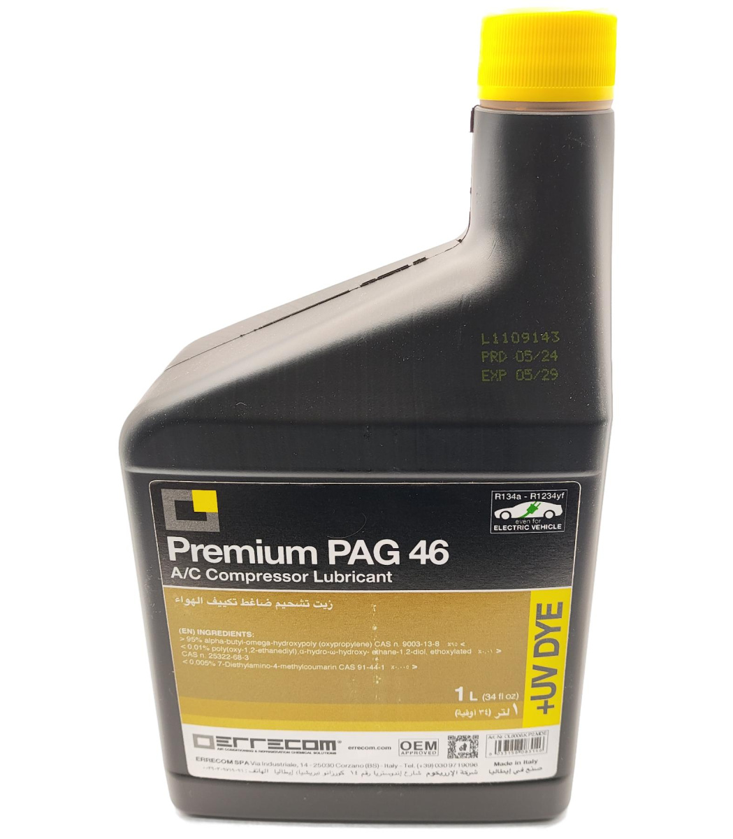 Масло компрессорное Errecom Premium PAG 46 с ультрафиолетовой добавкой, для фреона 134a, 1234yf; 1 литр, диэлектрик