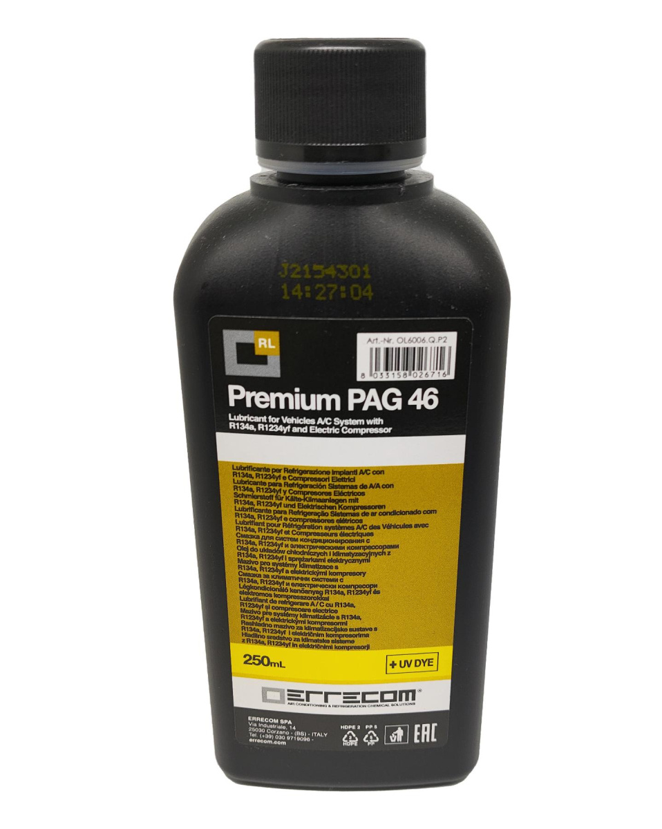 Масло компрессорное Errecom Premium PAG 46 с ультрафиолетовой добавкой, для фреона 134a, 1234yf; 250 мл, диэлектрик