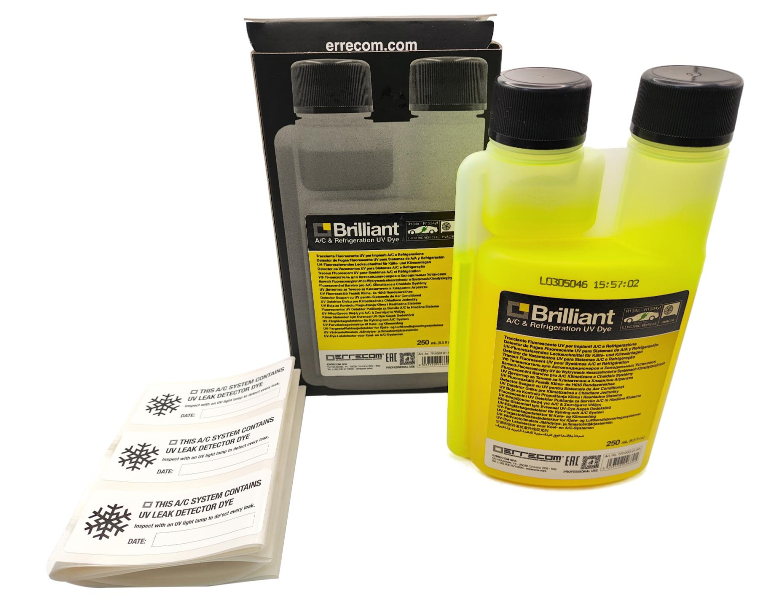 Ультрафиолетовая жидкость для системы автомобильного кондиционера с PAG 1234yf, 134A и гибридных / электромобилей Errecom Brilliant 250мл